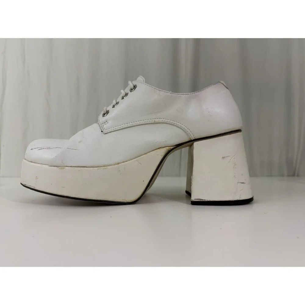 White Patent Men Platform Shoes Dance Party Sz 10-11 Chunky Retro ‘70s Fashion